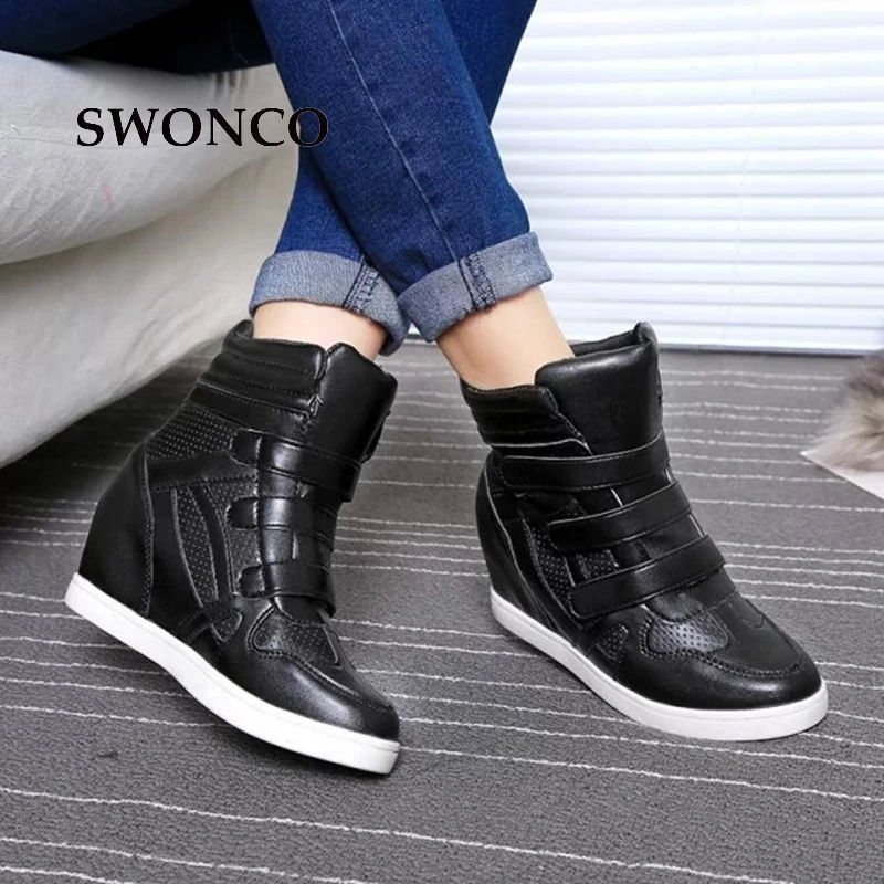 

SWONCO Women's Flats Shoes 2018 Autumn 5.5cm Height Increased PU Leather Casual Sneakers Women Shoes Flat Platform Zapatos Mujer