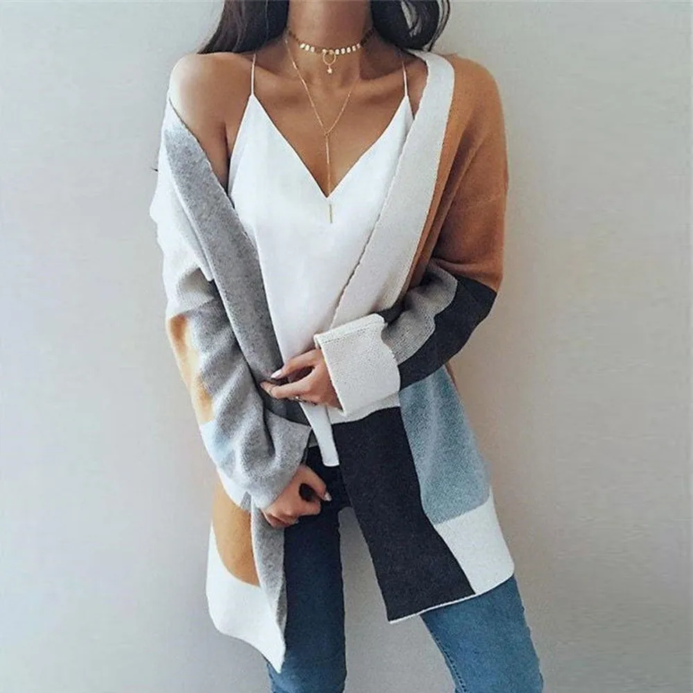 Women Casual Winter Baggy Cardigan Coat Long Chunky Knitted Oversized Patchwork Sweater Jumper Multicolor