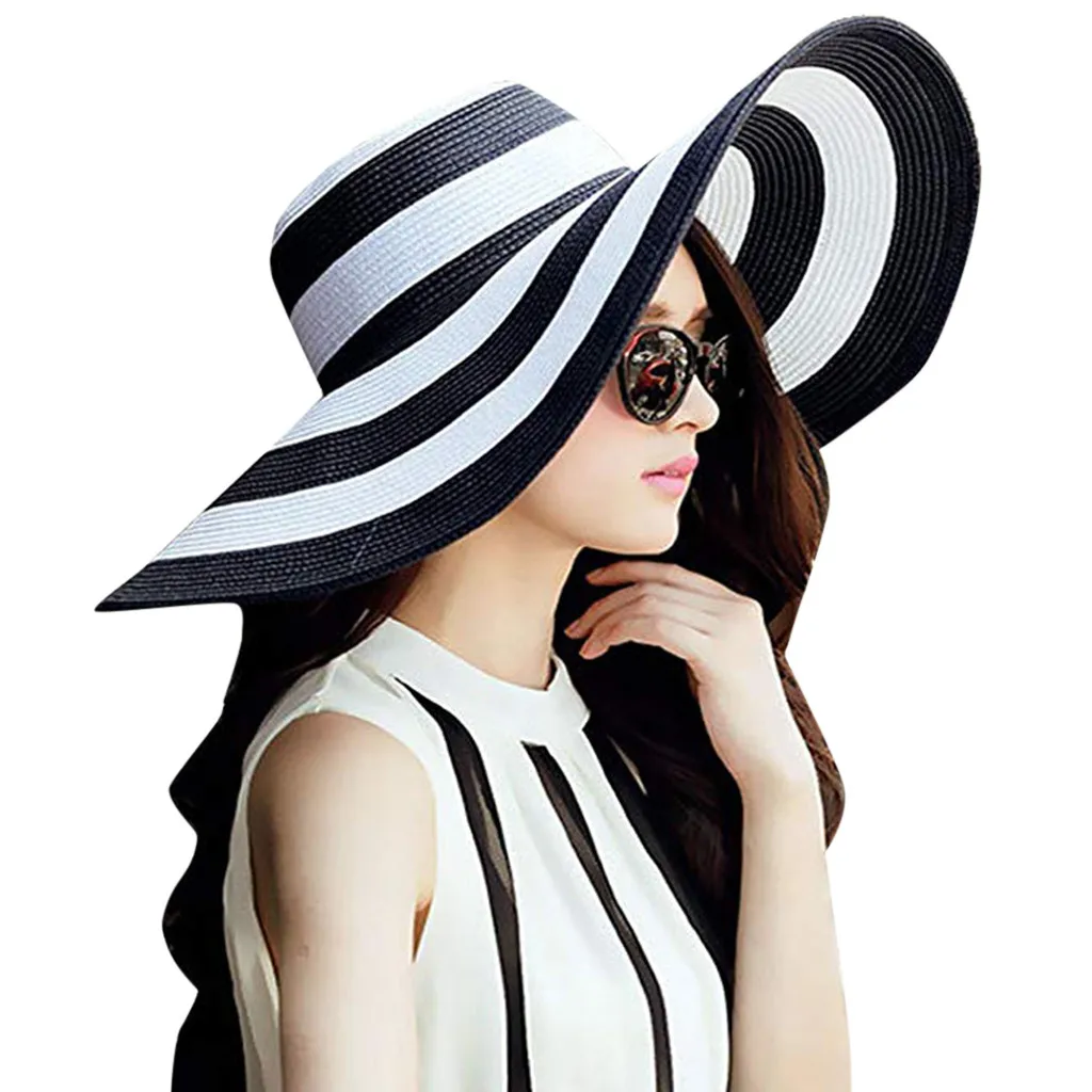 

female sun shade Womens Big Bowknot Straw Hat Stripe Floppy Foldable Roll up Beach Cap Sun hat woman summer