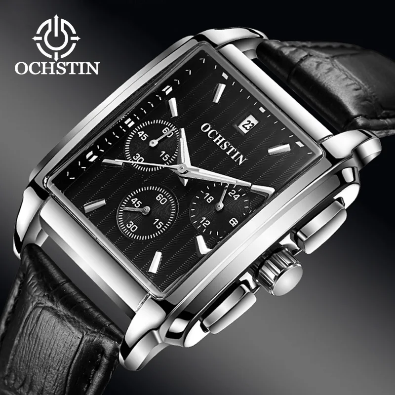 

Brand Square Business Men's Watch Waterproof Multi Function Leather Watches Chronograph Quartz Wristwatch Gifts For Husband