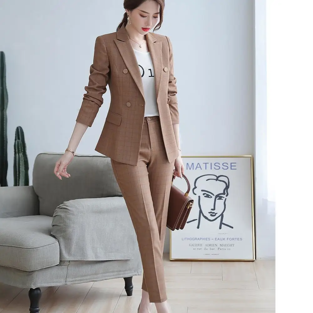 Women Pant Suit Two Pieces Set Size S-5XL Pink Brown Plaid Jacket Blazer With Plaid Trouser Sets Casual Fashion Suits