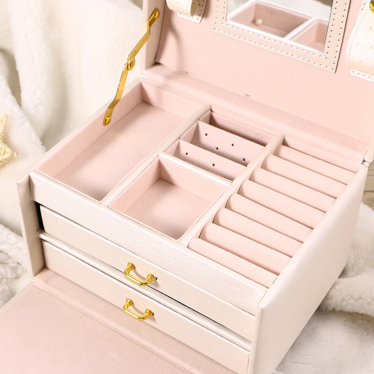 Cosmetic Organizer Jewelry Packaging Box Lockable Makeup Storage Case Organizer with Lift-Up Lid Mirror and Drawers