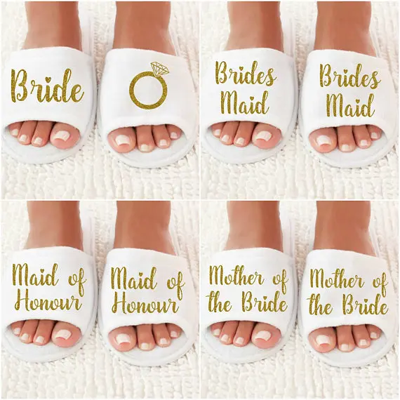 

customize glitter gold titles wedding bridesmaid bride groom spa towel soft slippers hen night Bachelorette party favors gifts