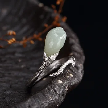 

S925 Sterling Silver Antique And Hetian Jade White Jade Mosaic Magnolia Flower High-end Female Ring Ring Wholesale