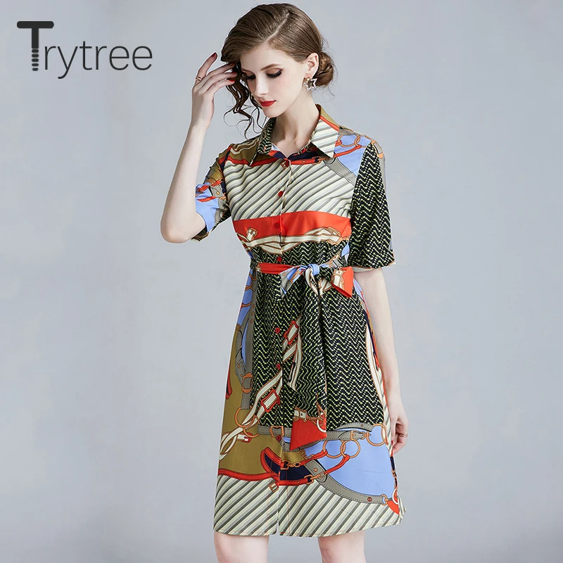 Trytree летнее платье с принтом элегантные Геометрические шелковистые уличные