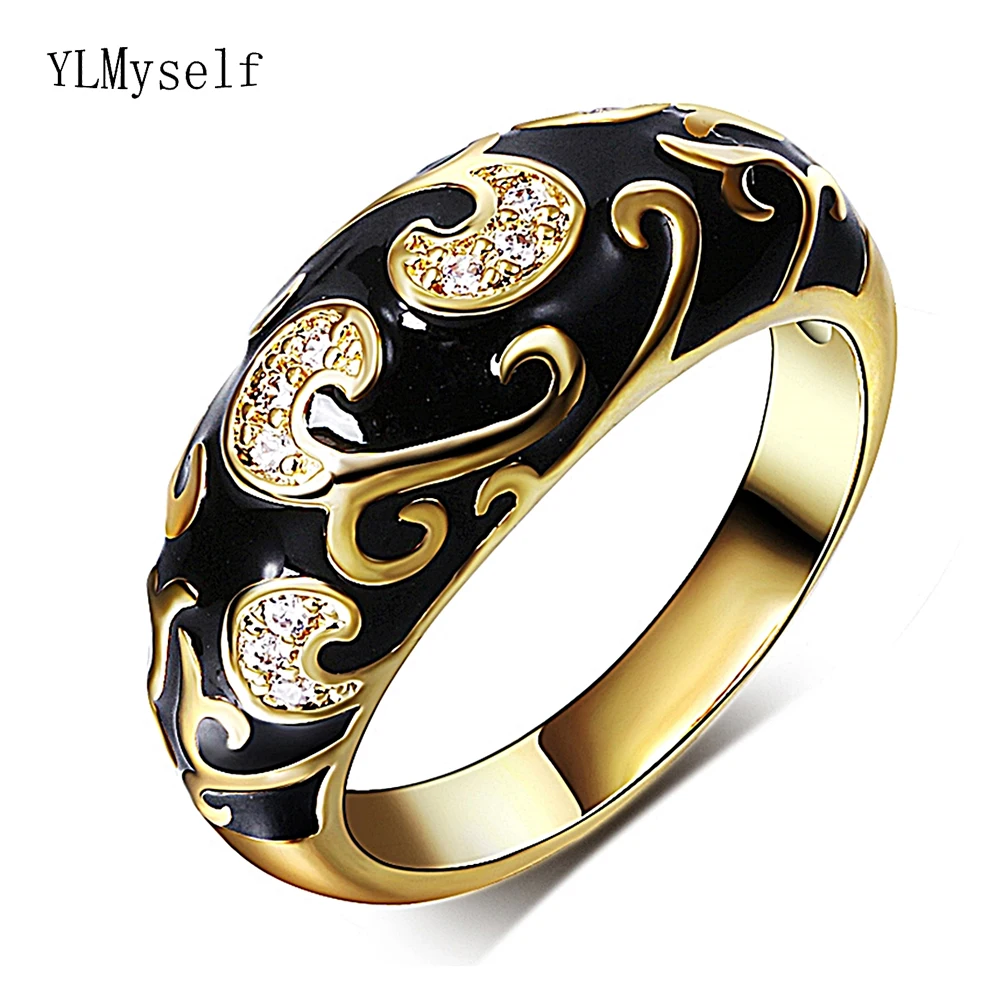 Новое поступление элегантные черные эпоксидные кольца золотого цвета ювелирные изделия Быстрая Кристальное женское кольцо