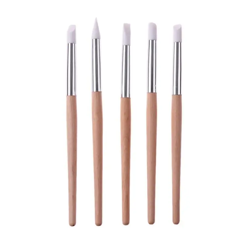 5pcs Wooden Handle Nail Art Brush Silicone Gel Brushes Painting Designing Pens Nails Manicure