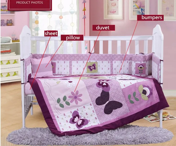 4 шт., Вышитое фиолетовое белье для детской кроватки, комплект для малышей, детские постельные принадлежности для кроватки для девочек, roupa de cama, включает в себя(бампер+ пододеяльник+ простыня+ подушка