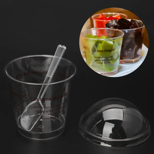 10Pcs Disposable Hard Plastic Pudding Dessert Cup With Spoons Lids Cake