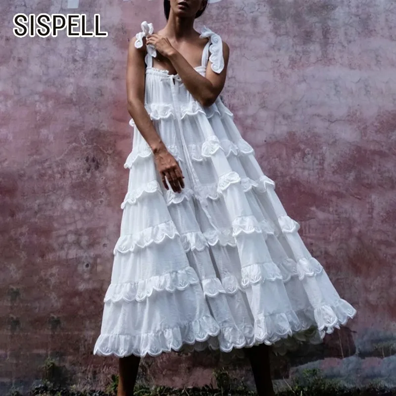 

SISPELL Summer Midi Sleeveless Off Shoulder Dress For Women Strapless Ruffles Loose Solid A Line Female Dresses 2019 Fashion New