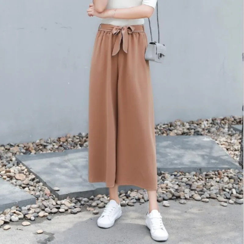 2018 Spring and summer Khaki high waist pants lace chiffon wide leg