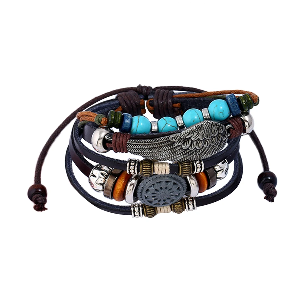 

Multi-Layer Alloy Feather Beads Chain Bracelet Ethnic Woven Wrist Band Decor