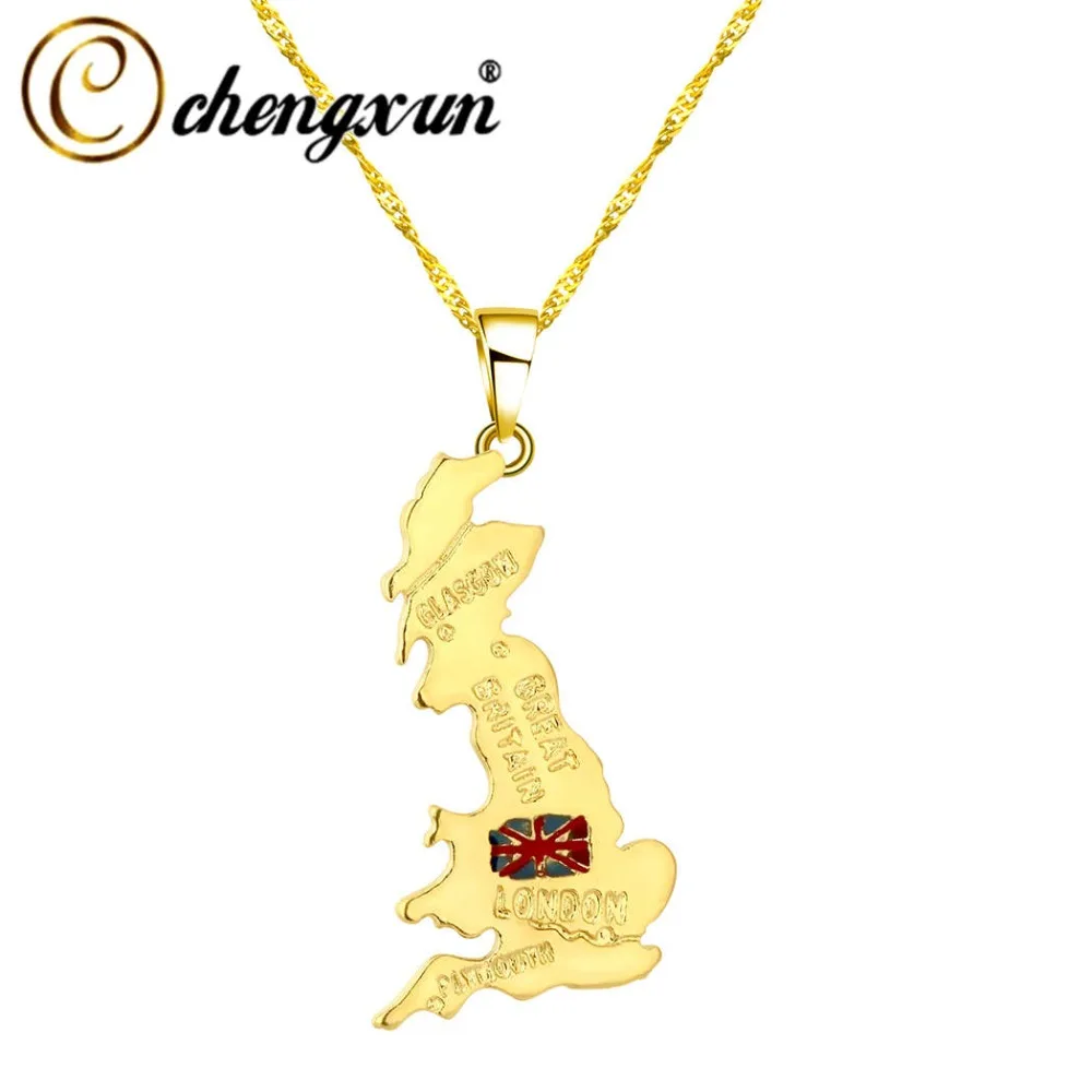 

CHENGXUN United Kingdom Map Pendant Necklace for Women Men Gold Color British Flag Necklaces Jewelry UK England Birthday Gift