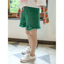 Чистые зеленые шорты с дырками для девочек NNGZ Летние Детские корейские модные хлопковые повседневные шорты для девочек с средней талией