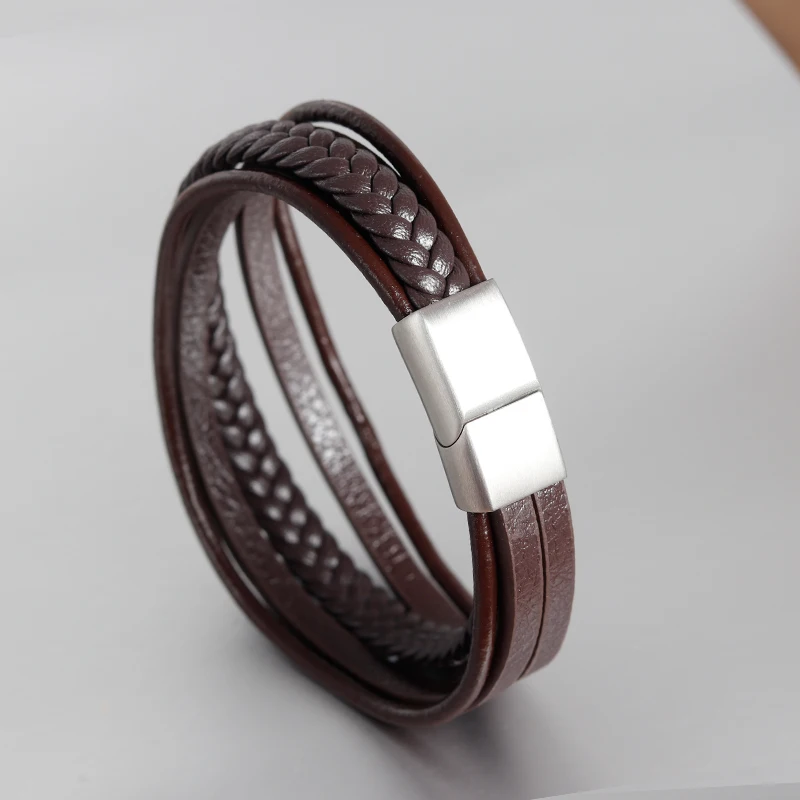 Geometric Fashion New Men Jewelry Genuine Leather Bracelets Stainless Steel Magnetic Clasp Vintage Brown Rope Chain for Gifts