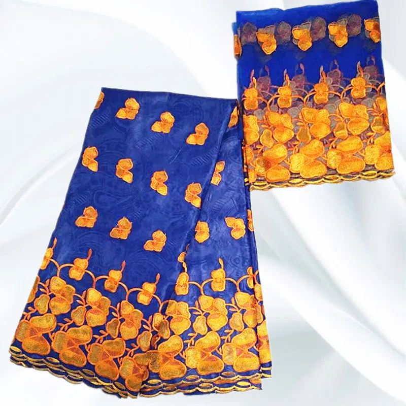 BZD02 Royalblue Orange Top Fashion Latest African Bazin Fabric 5 Yards With French Lace 2 Embroidery | Дом и сад