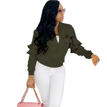 

2018 Spring Women Zipper Bomber Jackets Pink Fashion Layered Ruffles Long Sleeve Ladies Casual Outwear Slim Coat Tops Casaco