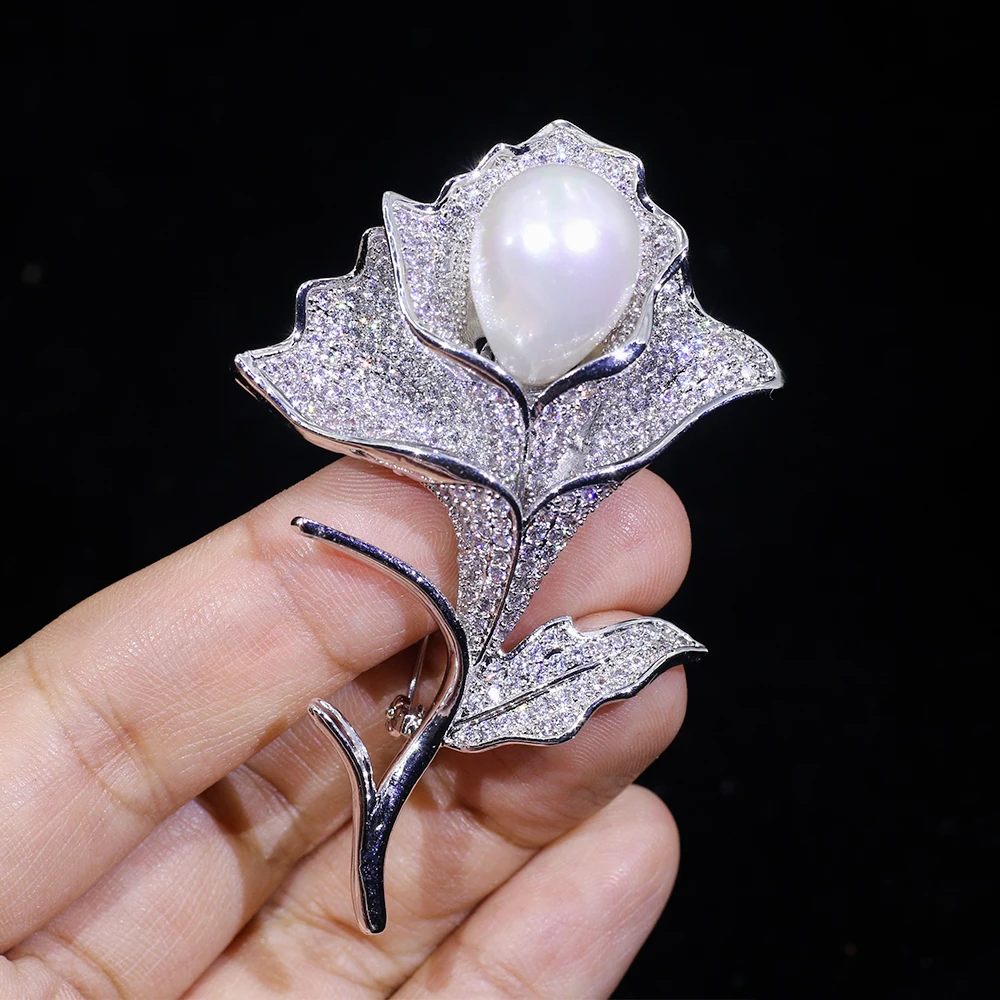 

ASNORA plata Rosa Broche Circon Perla Ramillete Pin Accesorios de joyeria Regalo del dia de San Valentin Mujer Mujer
