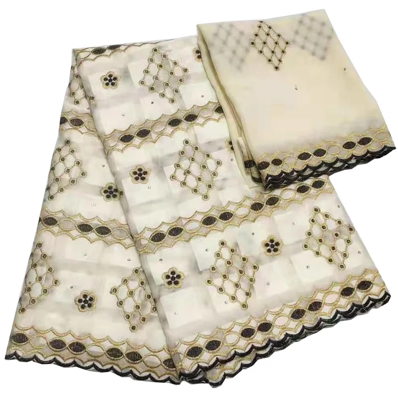 

high quality cream color Swiss voile lace fabric African party lace fabric 5 yards + 2 yards chiffon lace for party dress DBL06