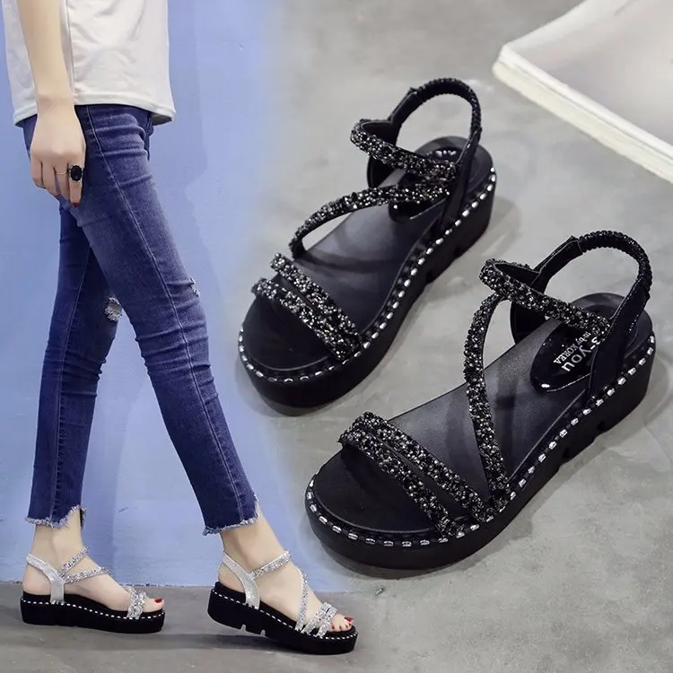 

Peep Toe Flat Front Rear Strap Platform Flat With Women Sandals Summer Bling Bordered Basic Women Shoes Slip-On Sandals
