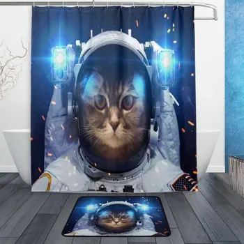 

Universe Space Galaxy Shower Curtain and Mat Set, Funny Space Animal Cat Waterproof Polyester Bathroom Curtain