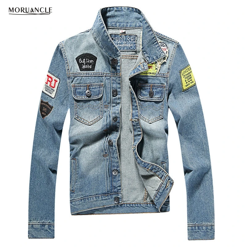 

MORUANCLE Fashion Men's Ripped Denim Jacket With Patches Slim Fit Distressed Jeans Jackets For Male Patchwork Plus Size M-4XL