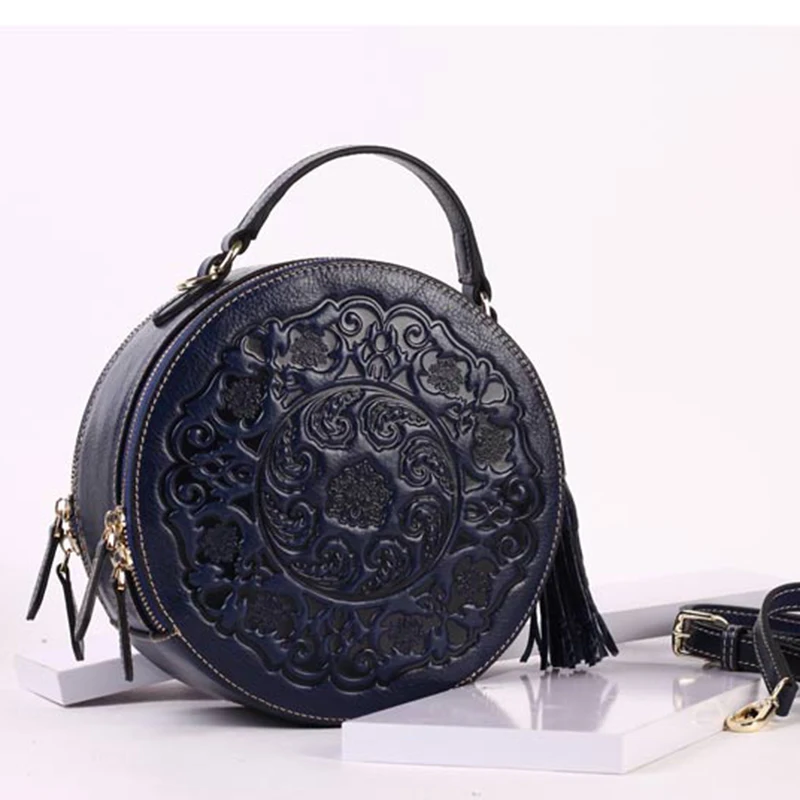 Для женщин Tote Crossbody круговые сумки тиснением китайский стиль кисточкой сумка