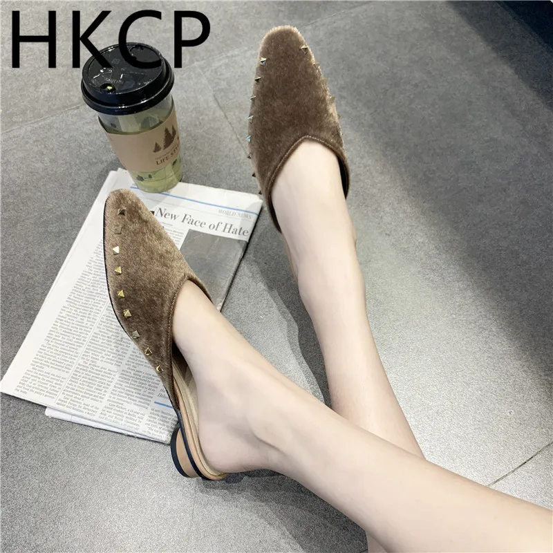 

HKCP Fashion 2019 spring suede rivet slippers for ladies summer fashion wear Korean version thick heel mulqin shoes C289