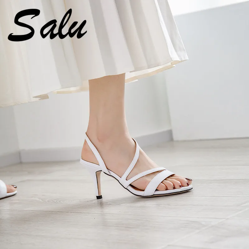 

Salu 2019 New Fashion Genuine Leather Women Sandals Open Toe High Heels Summer Party Wedding Basic Shoes Woman