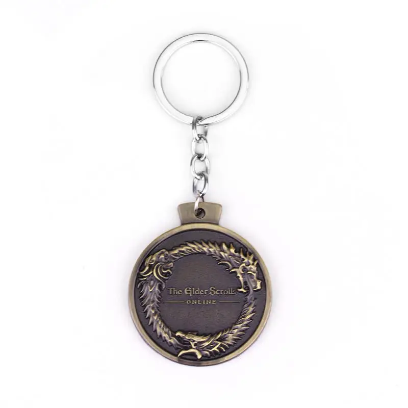 

Newest Design Vintage The Elder Scrolls Keychains High Quality Round Shape Bethesda Logo Keyring Dragon Key Holder Llaveros