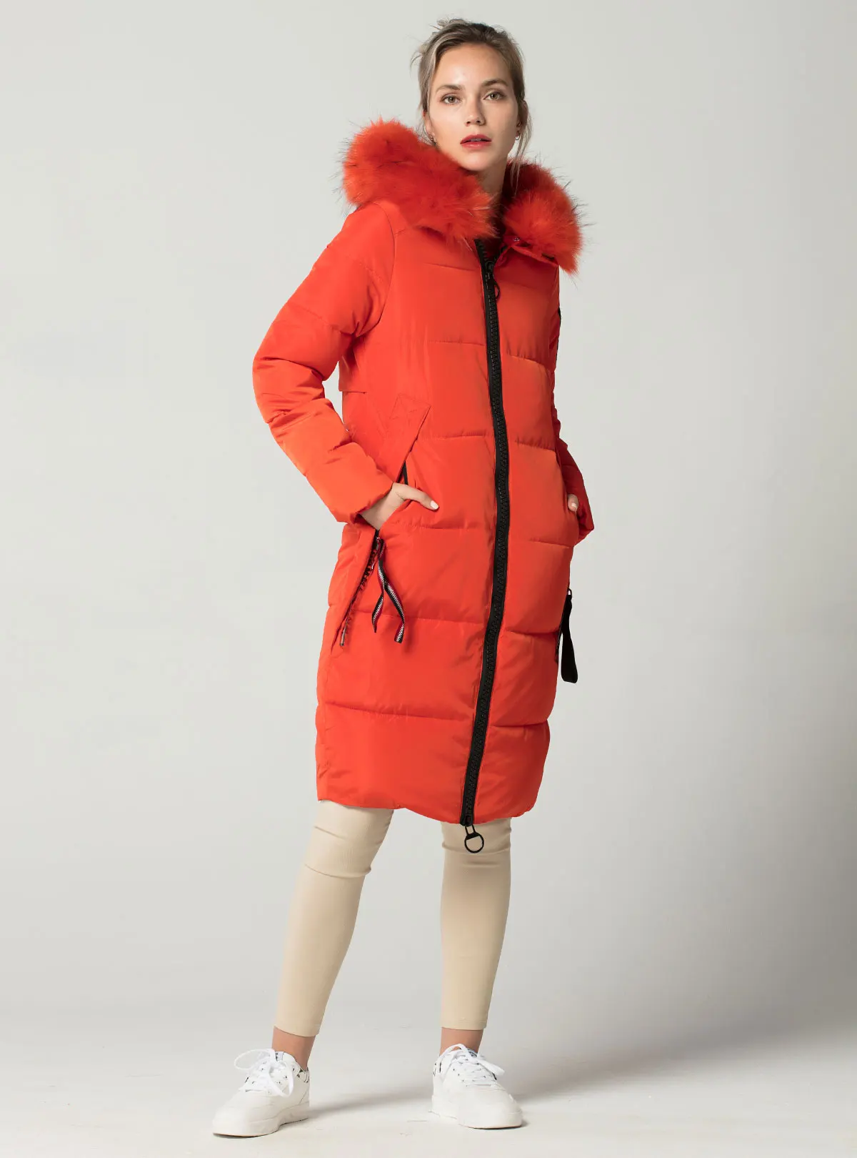 FICUSRONG Новая модная оранжевая теплая меховая парка Длинная зимняя куртка женская утепленная тонкая женская куртка зимнее женское пальто с капюшоном
