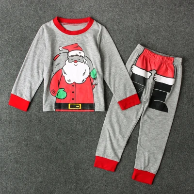 Костюм для девочек; комплекты одежды для детей; хлопковая футболка с длинными рукавами и рисунком Санта-Клауса для мальчиков+ штаны; пижамы; комплекты детской одежды; Рождественский Костюм - Цвет: Серый