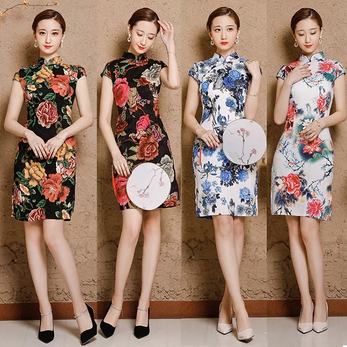 Women Linen Cotton Shanghai Plus Size Cheongsam Qipao Dresses XXXL 4XL 5XL Summer Short Chinese Traditional Printing Elegant  (1)