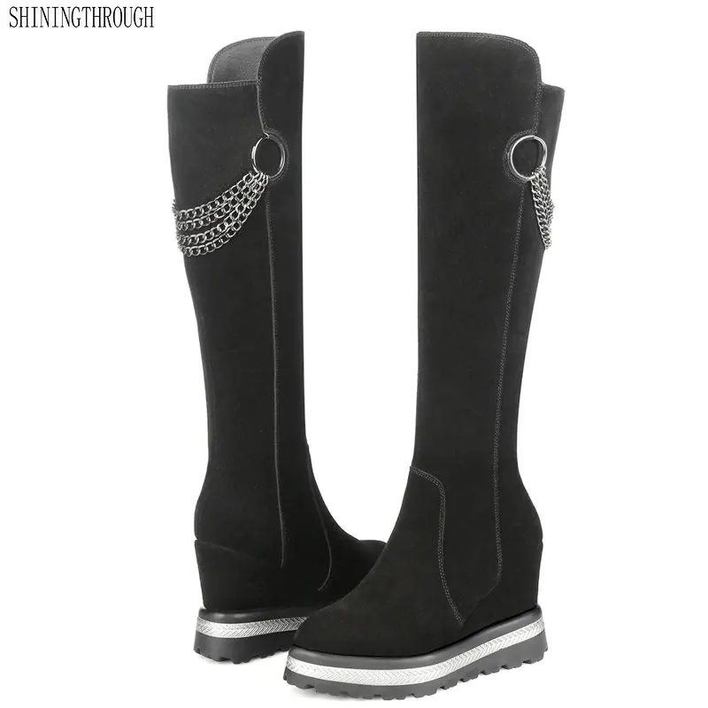 

Natrual real genuine leather wedge knee high boots women spring autumn shoes platform women boots large size 42