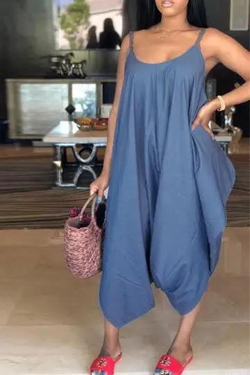 

Denim Fashion Plus Size Jumpsuits Romper Spaghetti Strap Solid Overalls for Women O Neck Sleeveless Outerwear