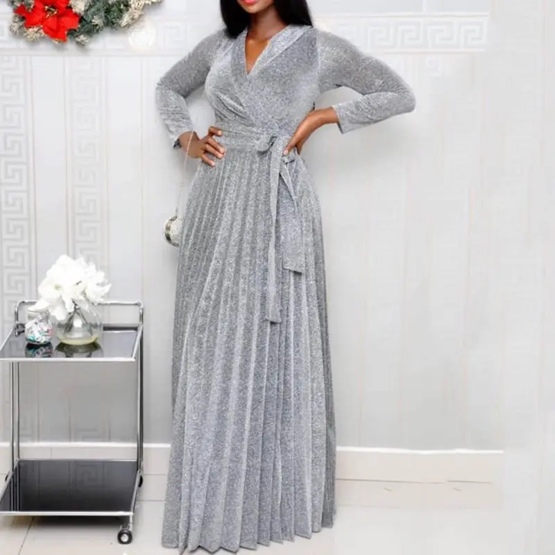 

Summer Elegant Office Ladies Sexy Club Party Women Long Dresses 2019 Pleated Gray Pleated Lace Up Fall Female African Maxi Dress