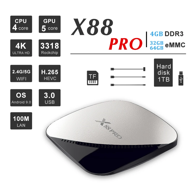 X88 Pro Android 9,0 ТВ коробка Оперативная память 4 Гб 64 ГБ процессор Rockchip RK3318 2,4G& 5G Wi-Fi с поддержкой 4 K HDR Декодер каналов кабельного телевидения USB 3,0 Smart Ott X88PRO операт андроид тв приставка