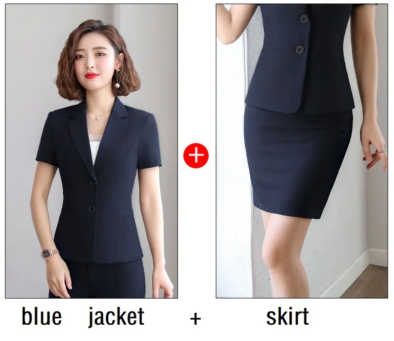 blue jacket skirt Женские костюмы тонкие летние куртка с коротким рукавом юбка 2 шт. комплект OL формальный бизнес Женские юбочные костюмы женский комплект костюмы 810 - Цвет: blue jacket skirt