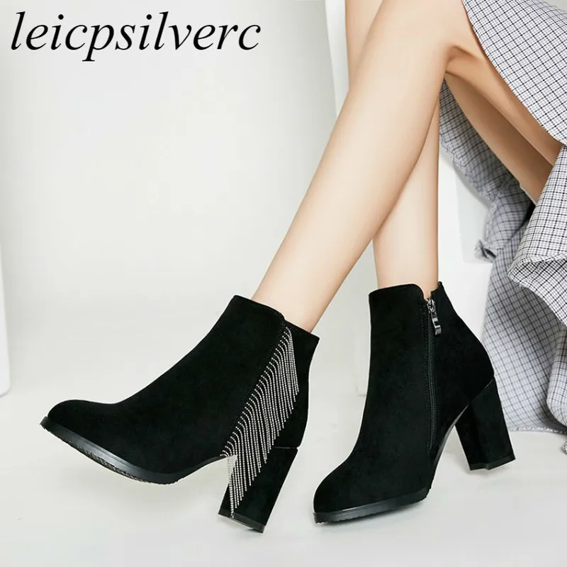 

Women Boots Autumn Winter High Heel Warm Flock Pointed Toe Fringe Zip Ankle Chelsea Shoe 2018 New Sexy Fashion Black Beige Brown