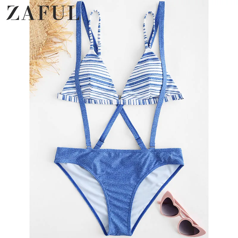 

ZAFUL Striped Crisscross Suspender Bikini Set Women Bandeau Bikinis Padded Summer Female Biqinis Stripe Swimsuit Bikinis Mujer