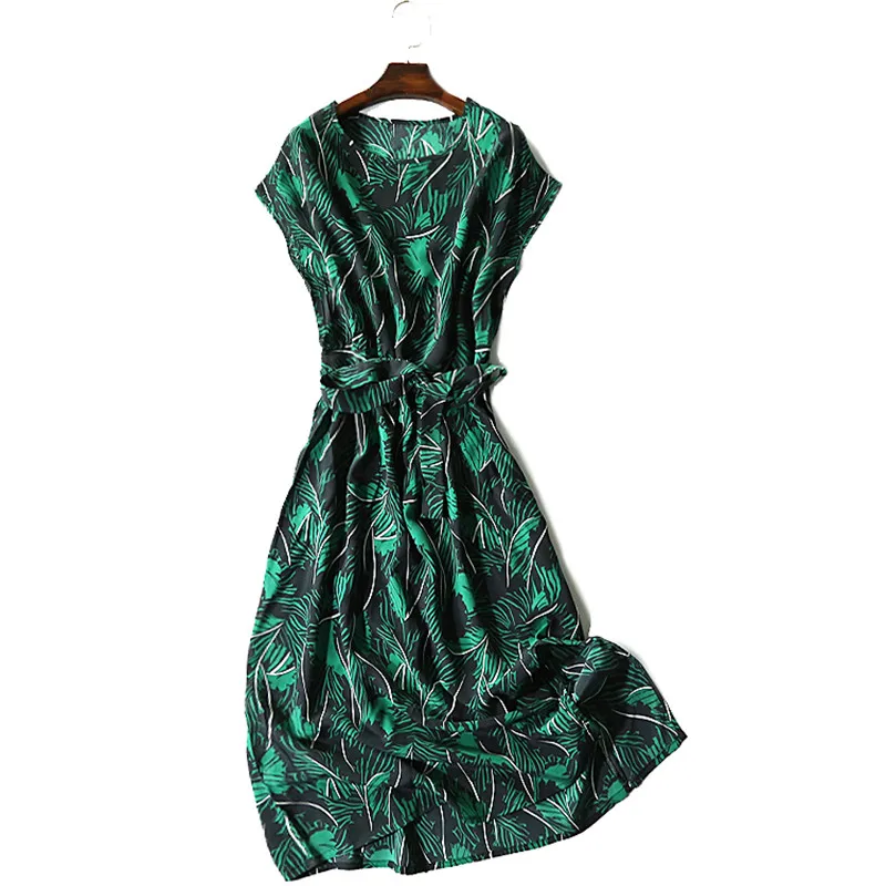 Women Summer Silk Dress V neck Leaves Print Vintage Natural silk