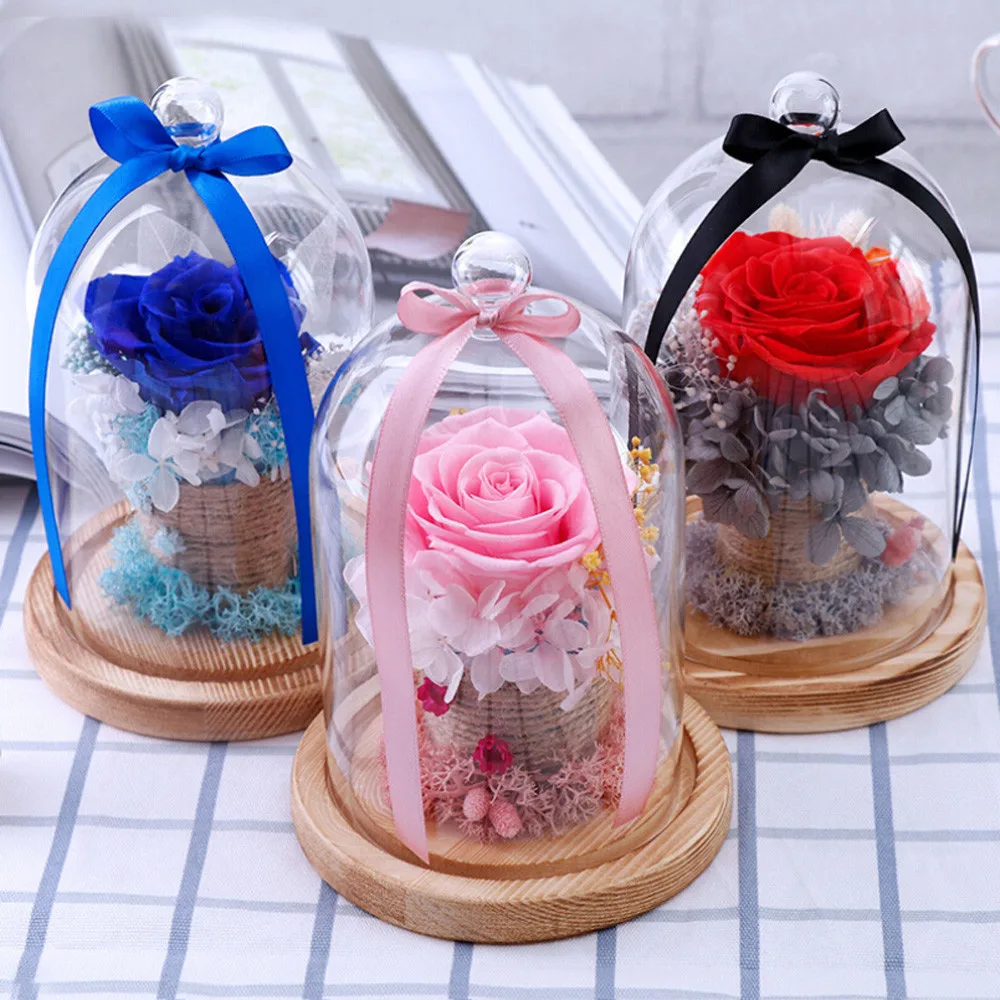 

WR Beauty and The Beast Red Rose In A Glass Dome on A Wooden Base for Valentine's Gifts Home Table Decoration Eternal Flowers