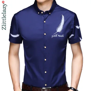 

2019 short sleeve social feather men shirt dress casual slim fit summer male shirts mens fashions streetwear clothing camisa 564