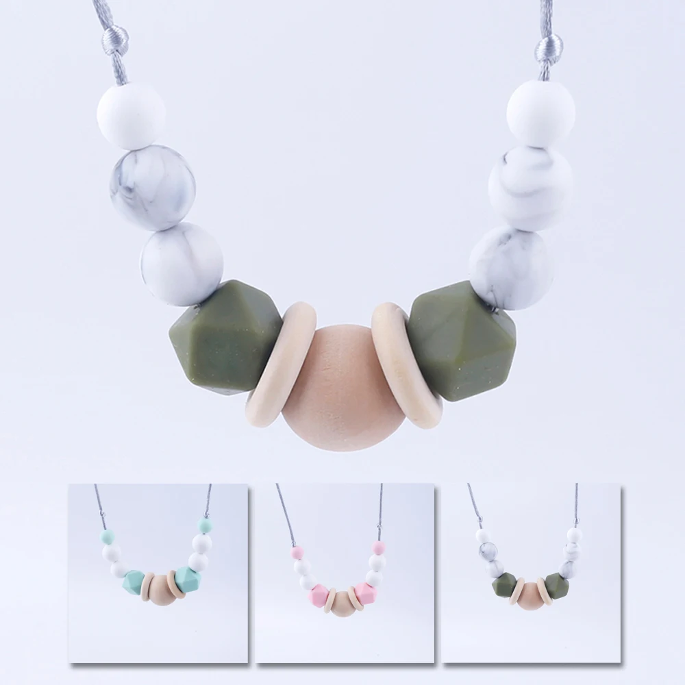 

Bite Bites 1 PC Bohemian Style Silicone Long Necklace Food Grade Silicone Necklace Baby Chewing Wooden Beads Toys Baby Teether