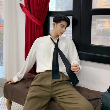 

Male Harajuku Streetwear Tie Bow Dress Shirts Men Women Couple Loose Casual Long Sleeve Shirts Stage Clothes