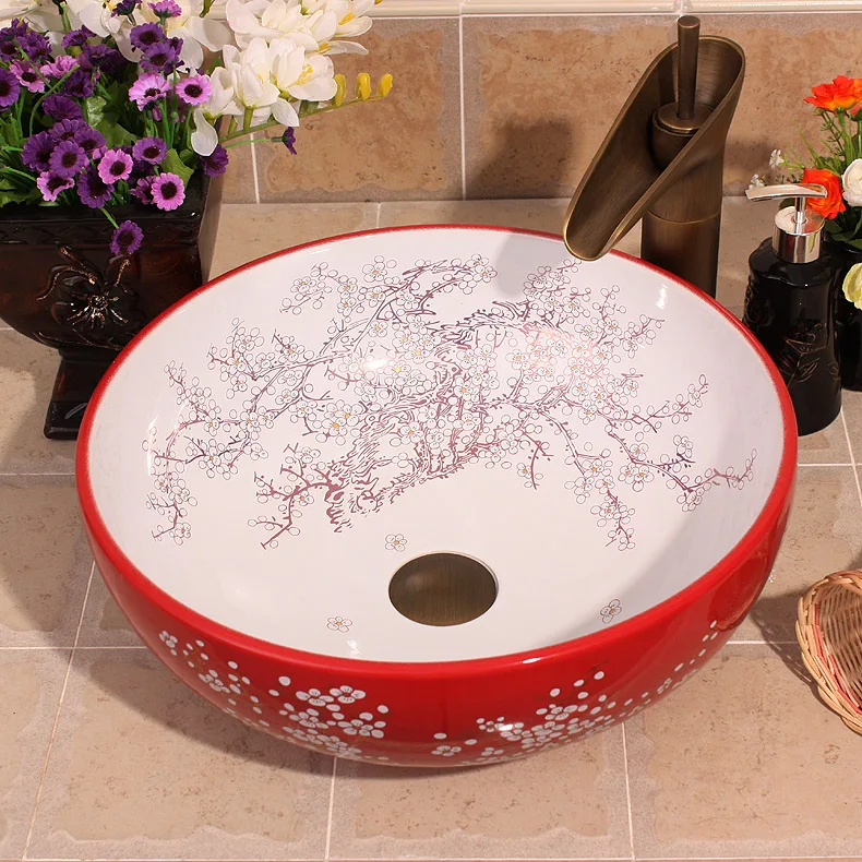 China Artistic Handmade Engraving Ceramic Lavobo Round Countertop size of wash basin plum blossom painting white (1)