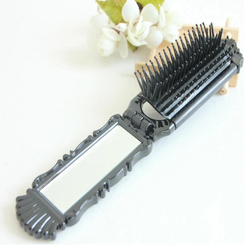 Pocket Folding Hair Brush Comb with Mirror Portable Collapsible Travel