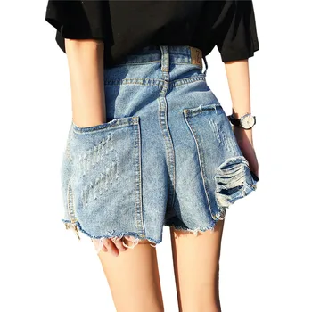 

2019 Summer Women Denim Shorts New Large Size High Waist Slim Denim Shorts Loose Hole Female Casual Wide leg Shorts WIN864