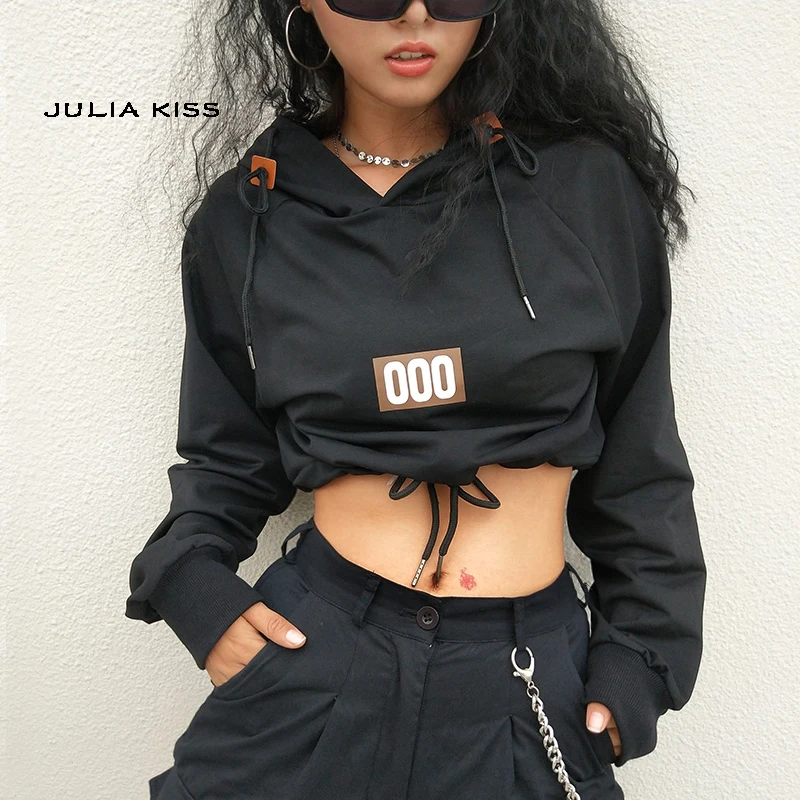 

Women Letter Print Hooded Crop Sweatshirt with Drawstring Hem
