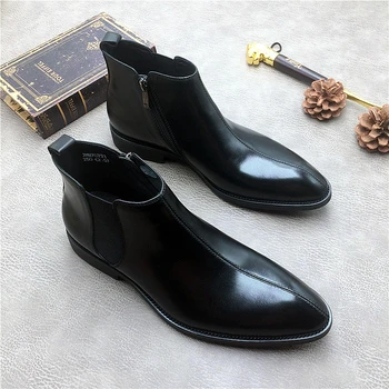 

Fall Winter New British Style Mens Slip on Boots Full Grain Leather Ankle Martin Boots Winter Chelsea Boots